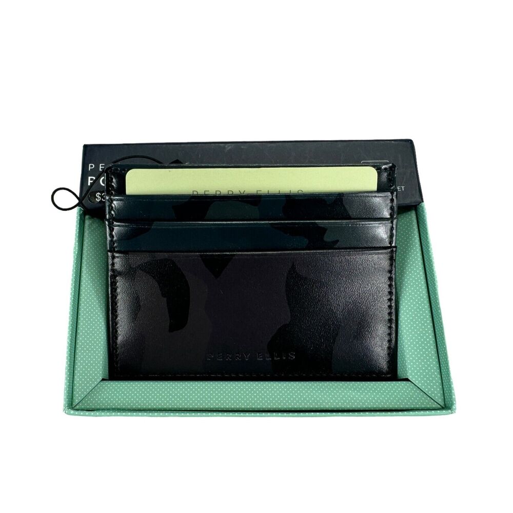 Perry Ellis Mens Camo Leather Six-Slot Card Card Case Gray Black OS